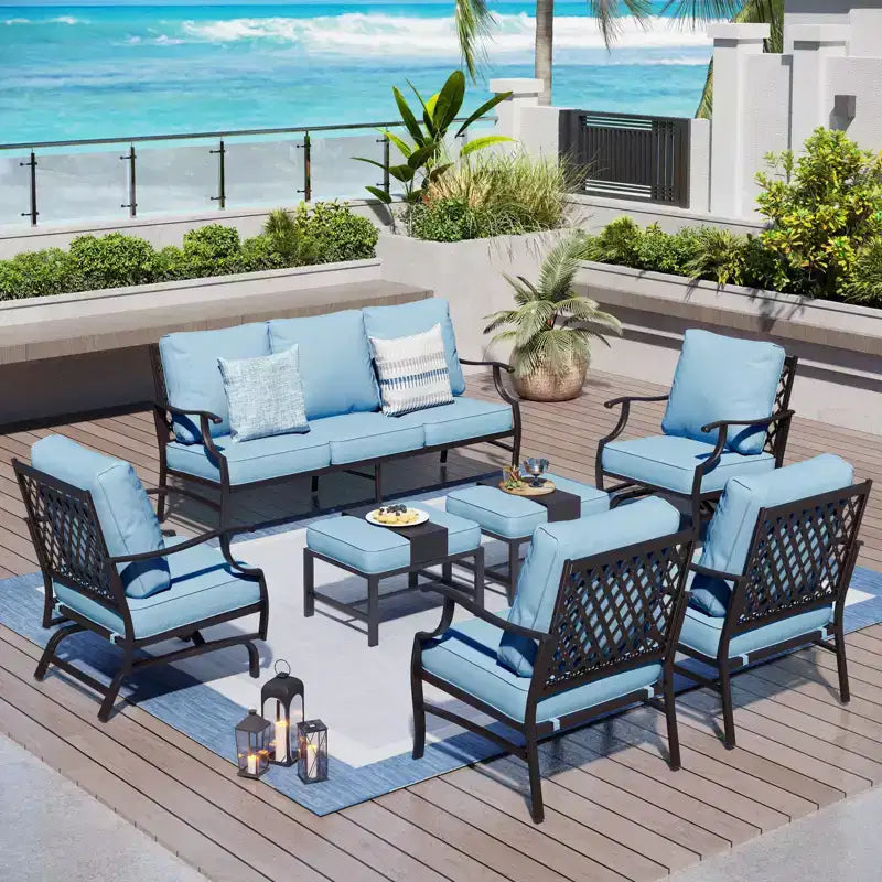 Captiva Designs 7-teiliges Outdoor-Unterhaltungsset aus Metall für die Terrasse mit Schaukelstühlen mit Gitterrücken und Hockern für Garten, Poolbereich und Hinterhof