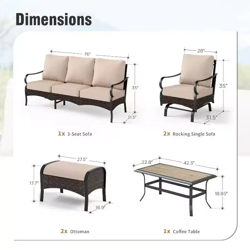 Conjunto extragrande de conversación para exteriores de patio de 6 piezas Captiva Designs, de metal y ratán, con sillas mecedoras y otomanas