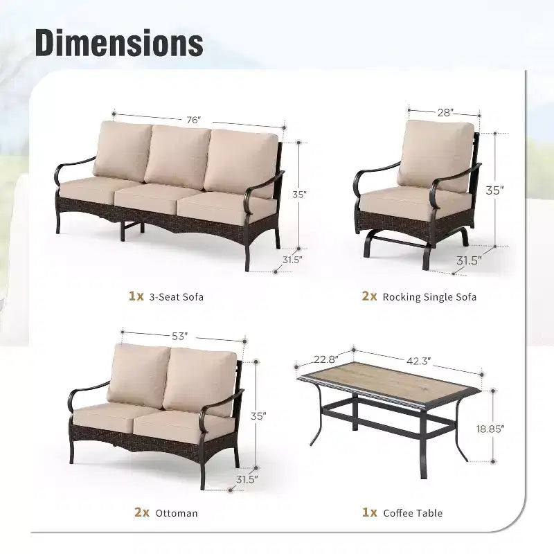 Captiva Designs conjunto de conversación de 5 piezas extragrandes de metal y ratán para patio exterior, con mecedoras y sofá biplaza