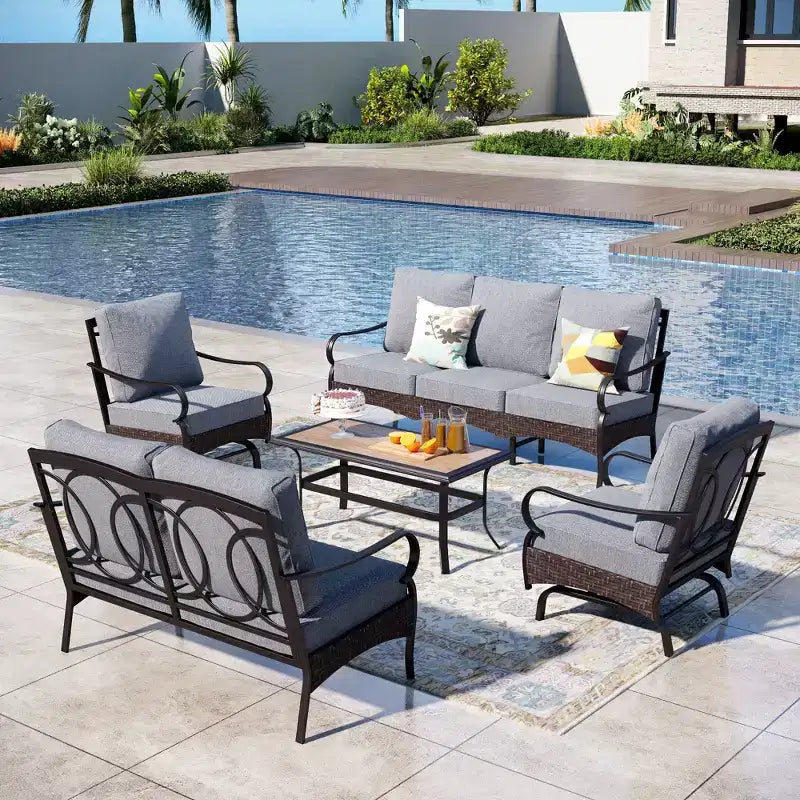 Captiva Designs 5-teiliges extra großes Lounge-Set für die Terrasse aus Metall und Rattan mit Schaukelstühlen und Zweisitzer-Sofa