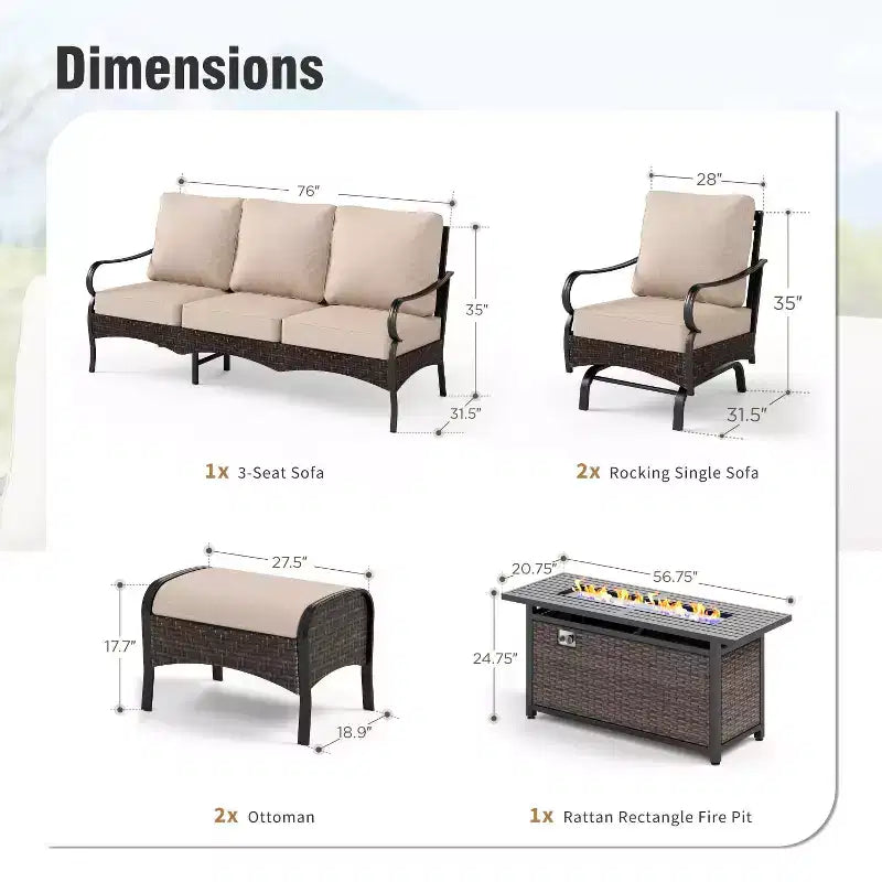 Conjunto extragrande de 6 piezas para patio exterior Captiva Designs de metal y ratán con brasero, sofás mecedores y otomanas