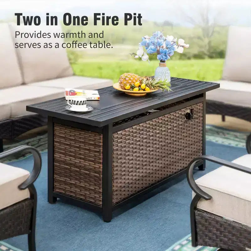 Conjunto extragrande de 6 piezas para patio exterior Captiva Designs de metal y ratán con brasero, sofás mecedores y otomanas