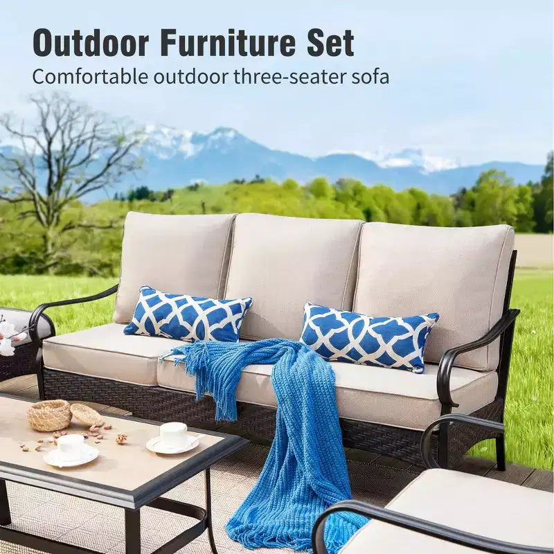 Conjunto extragrande de 6 piezas para patio exterior Captiva Designs de metal y ratán con brasero, sofás mecedores y otomanas