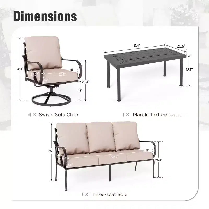 Captiva Designs conjunto de conversación de 6 piezas extragrandes de metal para patio exterior, con sillas giratorias con respaldo estampado