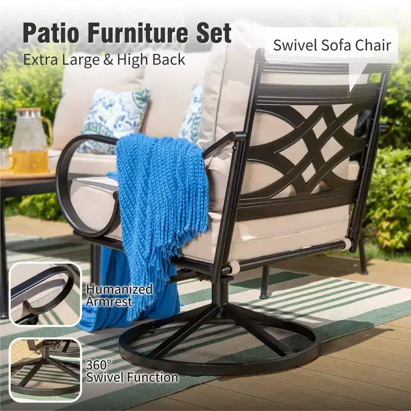 Captiva Designs conjunto de conversación de 6 piezas extragrandes de metal para patio exterior, con sillas giratorias con respaldo estampado
