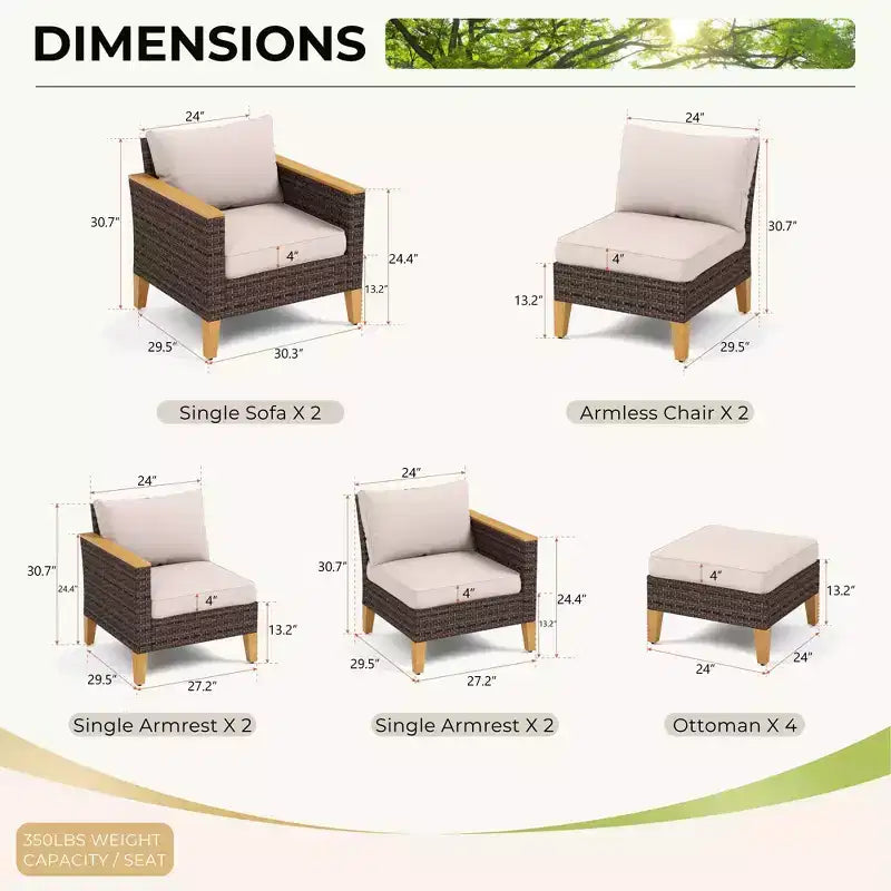 Captiva Designs conjunto seccional de conversación de 12 piezas de mimbre y ratán para patio exterior, con otomana acolchada