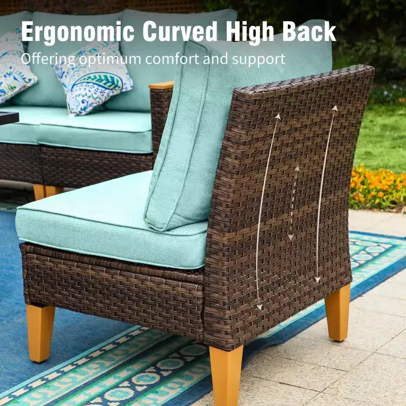 Conjunto seccional de conversación de 10 piezas de ratán de mimbre para patio exterior Captiva Designs con mesa con brasero y otomana acolchada