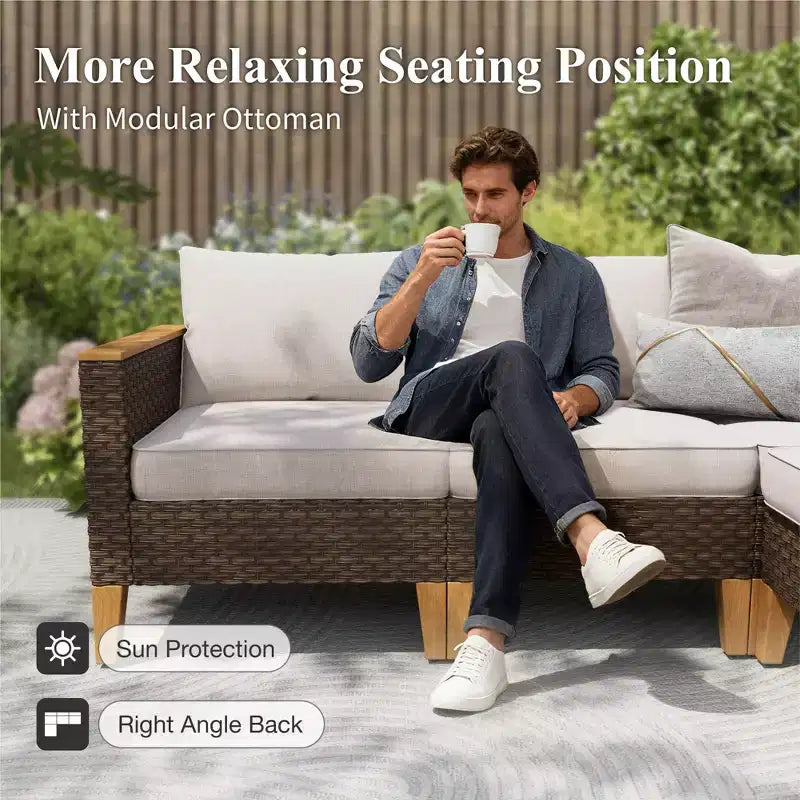 Conjunto seccional de conversación de 10 piezas de ratán de mimbre para patio exterior Captiva Designs con mesa con brasero y otomana acolchada