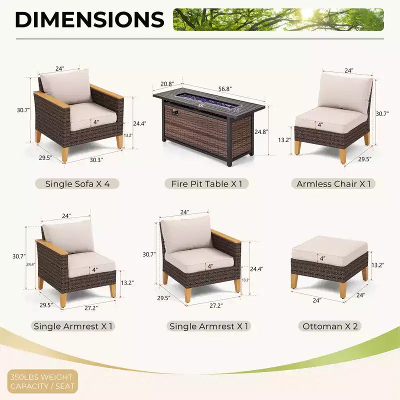 Conjunto seccional de conversación de 10 piezas de ratán de mimbre para patio exterior Captiva Designs con mesa con brasero y otomana acolchada