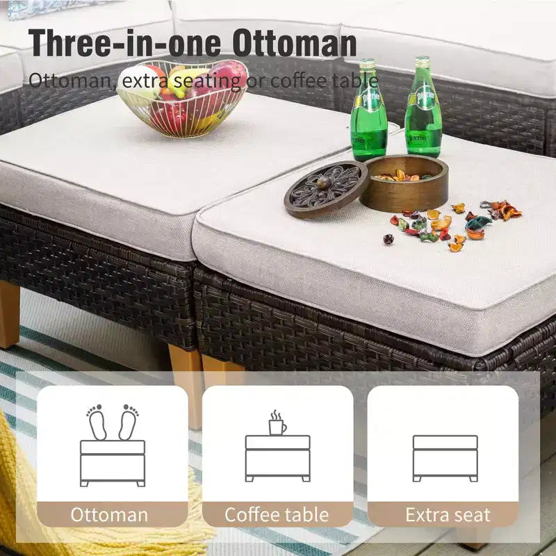 Conjunto de sofá seccional curvo de medio círculo de 7 piezas Captiva Designs para patio exterior, de mimbre de ratán, con otomana acolchada