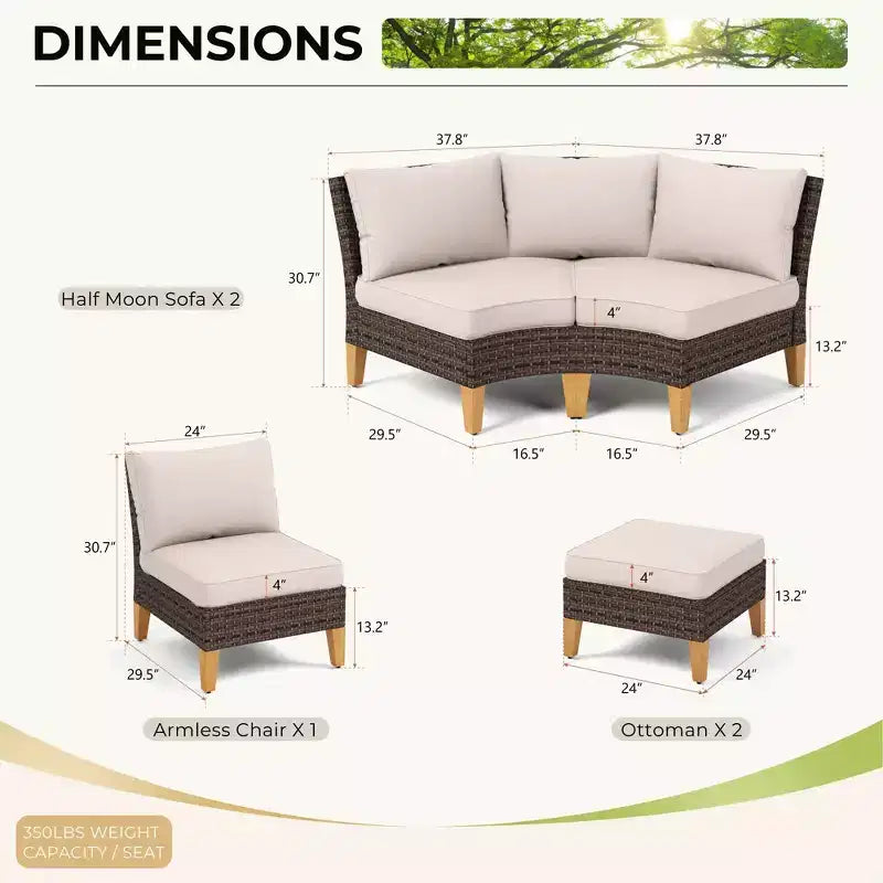 Conjunto de sofá seccional curvo de medio círculo de 7 piezas Captiva Designs para patio exterior, de mimbre de ratán, con otomana acolchada
