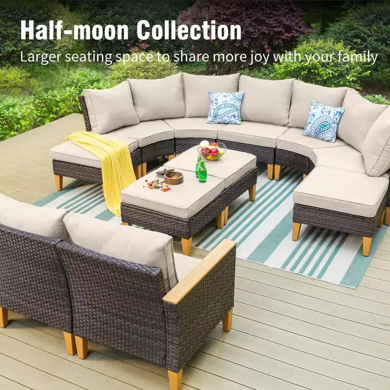 Conjunto de sofá seccional curvo de medio círculo de 7 piezas Captiva Designs para patio exterior, de mimbre de ratán, con otomana acolchada