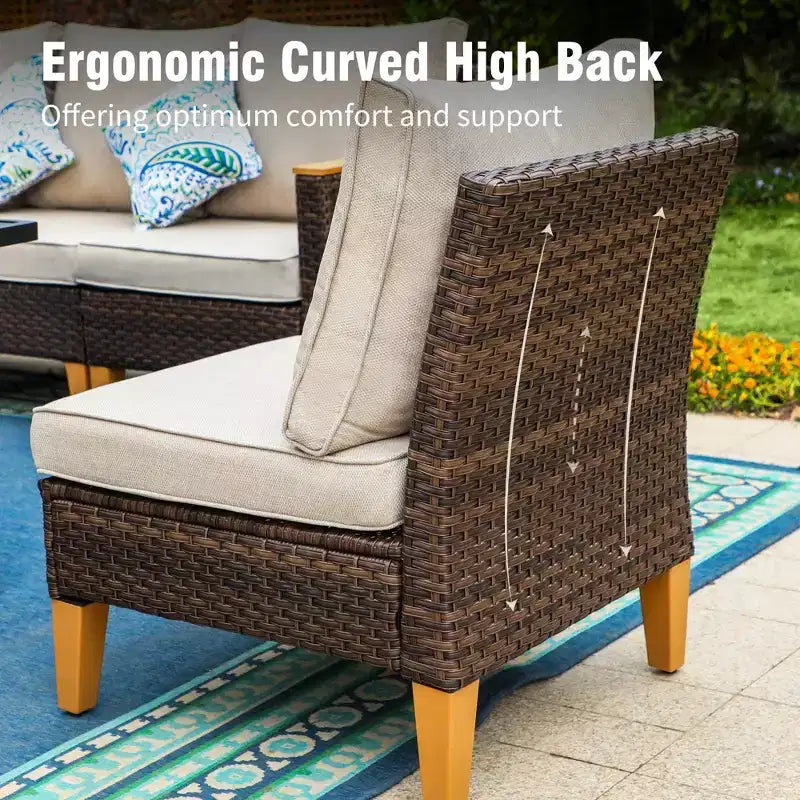 Conjunto de sofá seccional curvo de medio círculo de 7 piezas Captiva Designs para patio exterior, de mimbre de ratán, con otomana acolchada