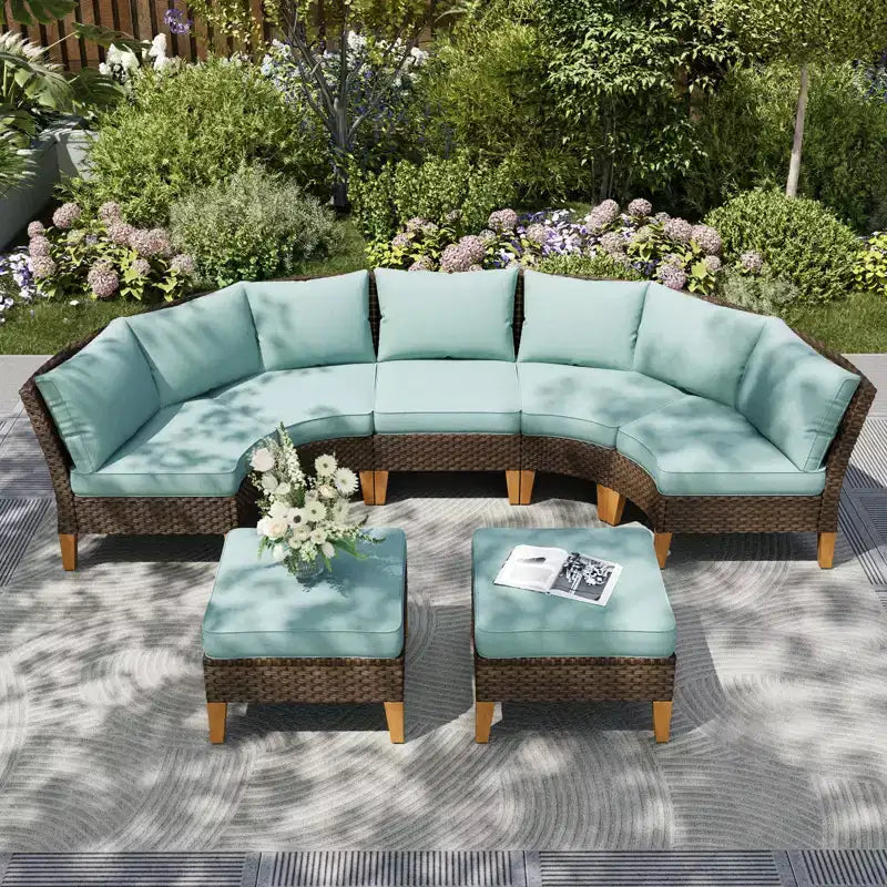 Captiva Designs 7-teiliges Outdoor-Terrassen-Sitzset aus Korbgeflecht und Rattan mit halbmondförmigem, gebogenem Ecksofa und gepolstertem Hocker