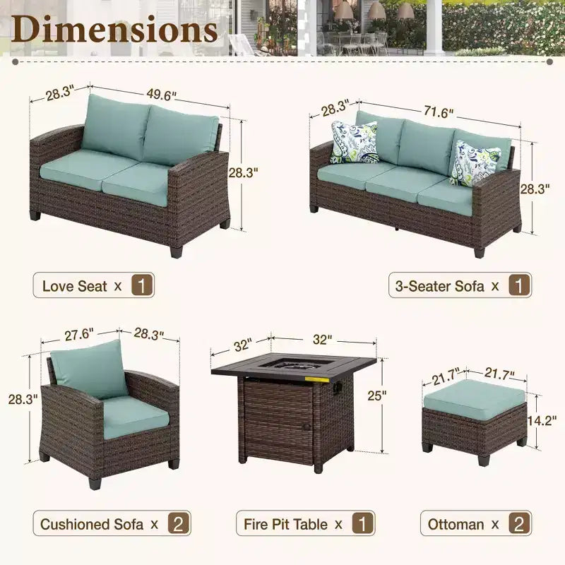 Conjunto para patio exterior de 7 piezas Captiva Designs, de mimbre de ratán acolchado, con brasero, otomanas y sofá de dos plazas