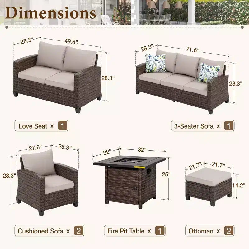 Conjunto para patio exterior de 7 piezas Captiva Designs, de mimbre de ratán acolchado, con brasero, otomanas y sofá de dos plazas