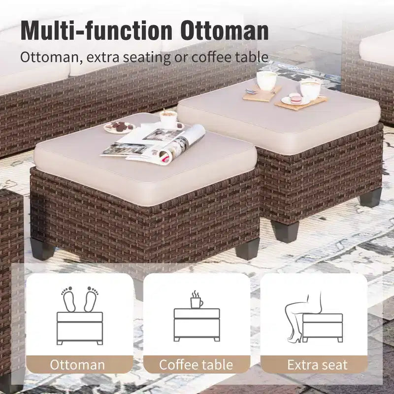 Conjunto para patio exterior de 7 piezas Captiva Designs, de mimbre de ratán acolchado, con brasero, otomanas y sofá de dos plazas