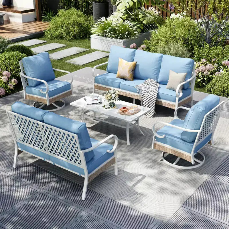 Captiva Designs 5-teiliges extra großes Outdoor-Unterhaltungsset aus Metall und Rattan für die Terrasse mit drehbaren Stühlen mit Gitterrücken und Zweisitzer-Sofa