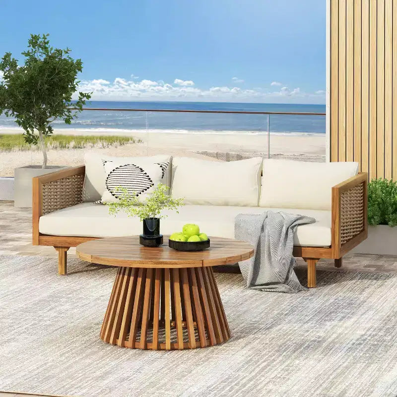 Diván de 3 plazas Pascal de Christopher Knight Home, de madera de acacia rústica tapizada, con mesa de centro