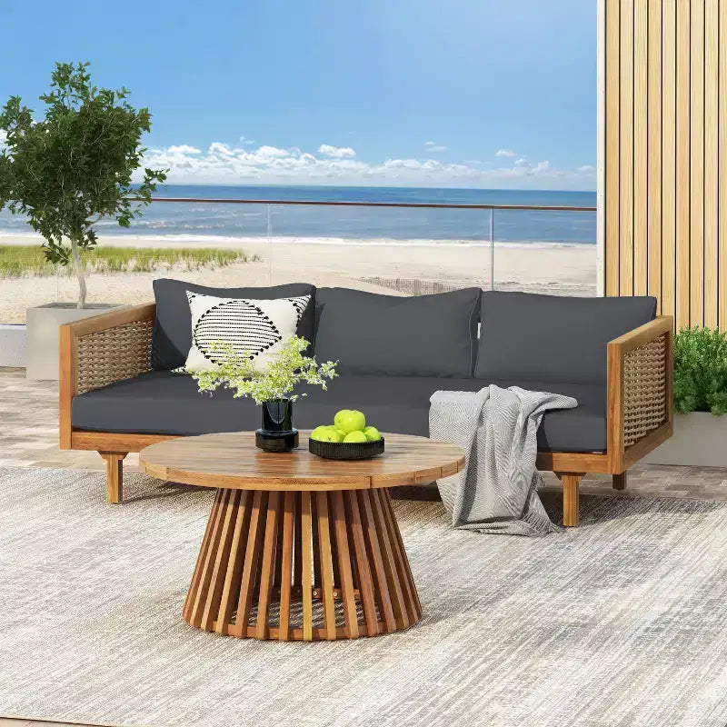 Diván de 3 plazas Pascal de Christopher Knight Home, de madera de acacia rústica tapizada, con mesa de centro