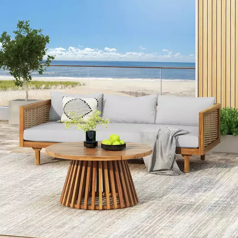 Diván de 3 plazas Pascal de Christopher Knight Home, de madera de acacia rústica tapizada, con mesa de centro