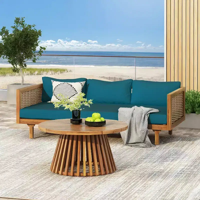 Diván de 3 plazas Pascal de Christopher Knight Home, de madera de acacia rústica tapizada, con mesa de centro