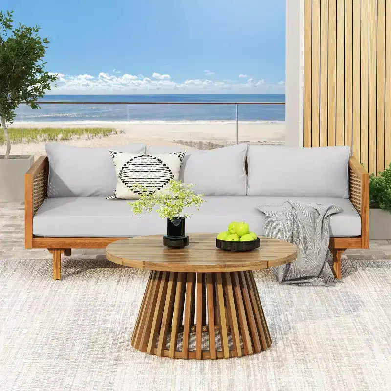 Diván de 3 plazas Pascal de Christopher Knight Home, de madera de acacia rústica tapizada, con mesa de centro