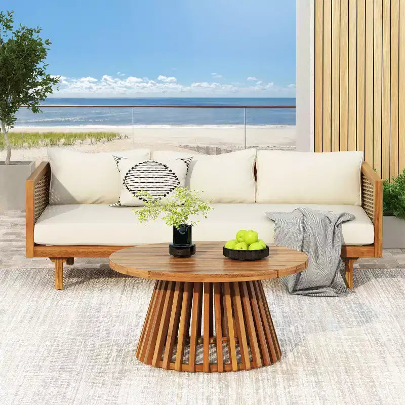 Diván de 3 plazas Pascal de Christopher Knight Home, de madera de acacia rústica tapizada, con mesa de centro