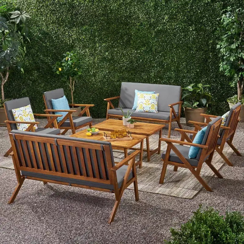 Conjunto de conversación para 8 personas Manarola de GDFStudio, de madera de acacia para exterior, teca/gris oscuro