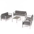 GDFStudio Crested Bay Outdoor Aluminum 7 Seater Chat Set with Cushions, Silver/Khaki