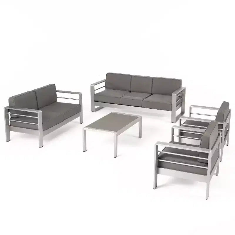 GDFStudio Crested Bay Outdoor Aluminum 7 Seater Chat Set with Cushions, Silver/Khaki