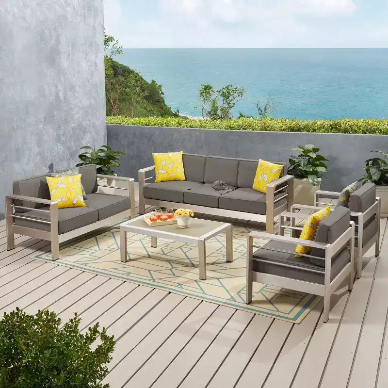 Conjunto de conversación para 7 personas Crested Bay de GDFStudio, de aluminio para exteriores y con cojines, plateado/caqui