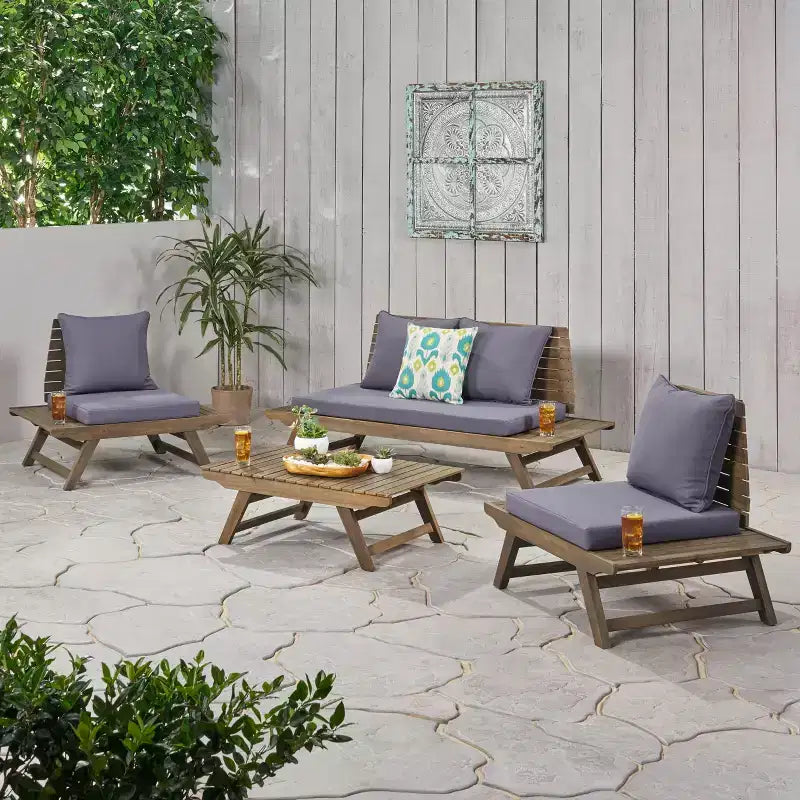 Conjunto de conversación para exterior de madera de acacia Sedona de Christopher Knight Home para 4 personas, con cojines