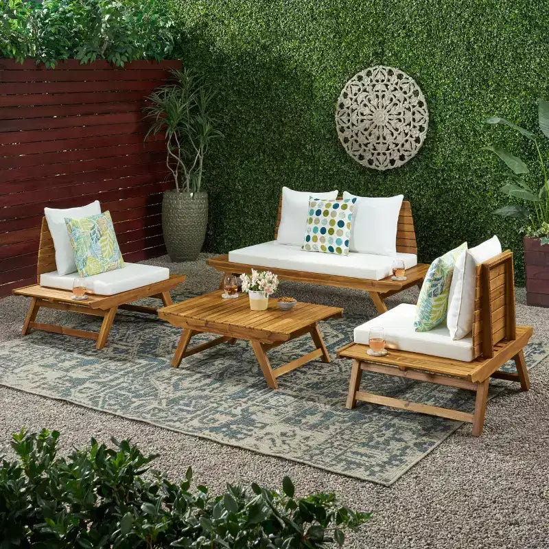Conjunto de conversación para exterior de madera de acacia Sedona de Christopher Knight Home para 4 personas, con cojines