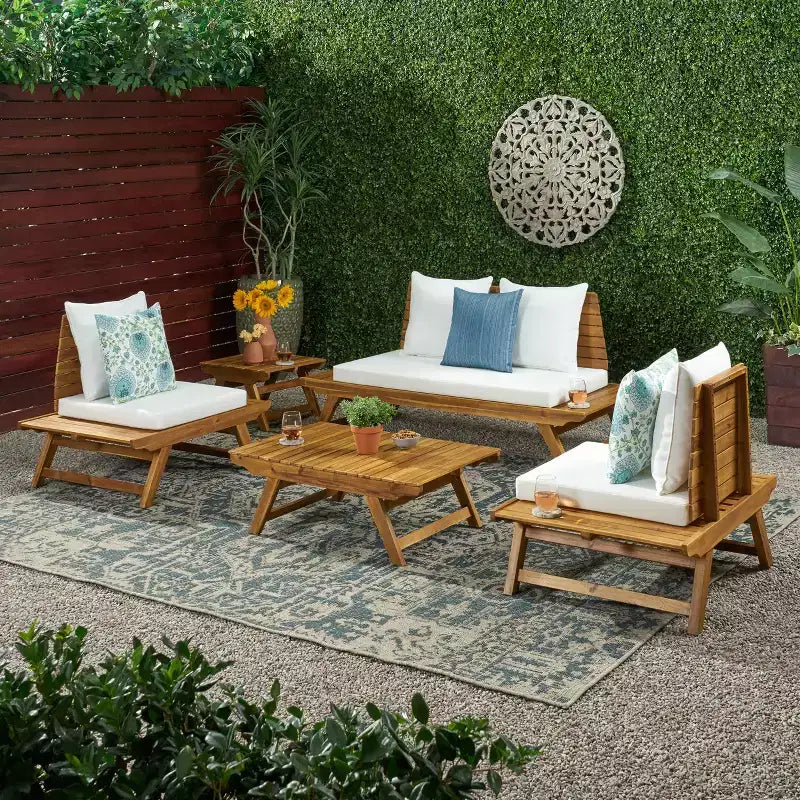 Conjunto de conversación para exteriores de 4 plazas Christopher Knight Home Sedona, de madera de acacia, con mesa auxiliar y cojines