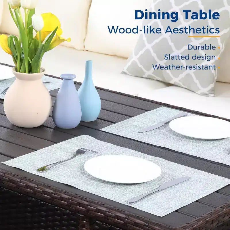Conjunto de muebles de patio de 7 piezas Heynemo con mesa de comedor y silla, conjunto de conversación de mimbre resistente a todo tipo de clima con otomana, muebles de exterior con respaldo alto curvado