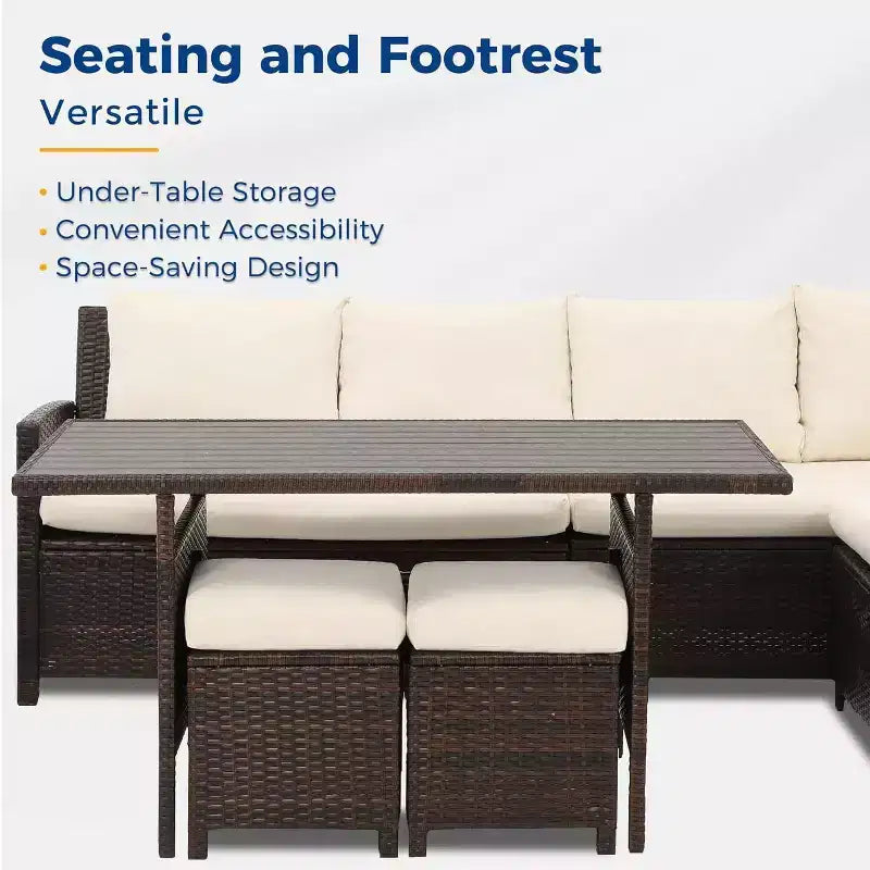 Conjunto de muebles de patio de 7 piezas Heynemo con mesa de comedor y silla, conjunto de conversación de mimbre resistente a todo tipo de clima con otomana, muebles de exterior con respaldo alto curvado