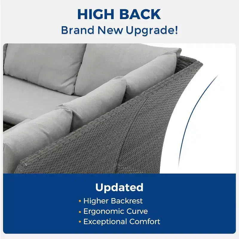 Conjunto de muebles de patio de 7 piezas Heynemo con mesa de comedor y silla, conjunto de conversación de mimbre resistente a todo tipo de clima con otomana, muebles de exterior con respaldo alto curvado