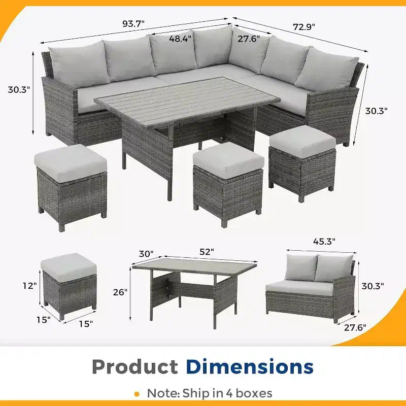 Conjunto de muebles de patio de 7 piezas Heynemo con mesa de comedor y silla, conjunto de conversación de mimbre resistente a todo tipo de clima con otomana, muebles de exterior con respaldo alto curvado