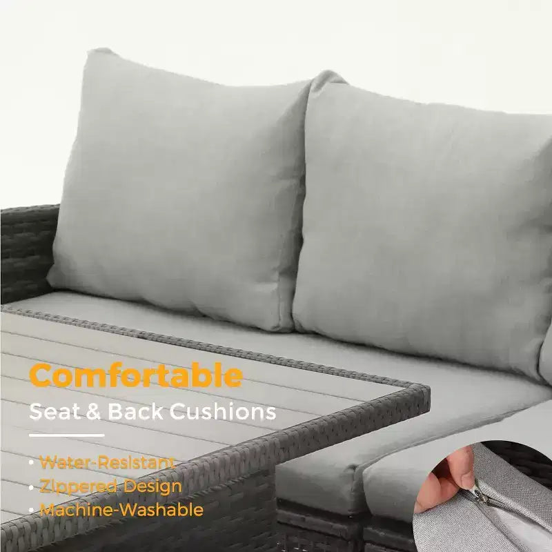 Conjunto de muebles de patio de 7 piezas Heynemo con mesa de comedor y silla, conjunto de conversación de mimbre resistente a todo tipo de clima con otomana, muebles de exterior con respaldo alto curvado