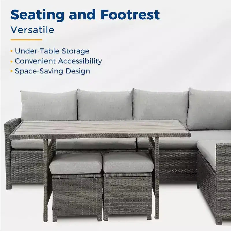 Conjunto de muebles de patio de 7 piezas Heynemo con mesa de comedor y silla, conjunto de conversación de mimbre resistente a todo tipo de clima con otomana, muebles de exterior con respaldo alto curvado