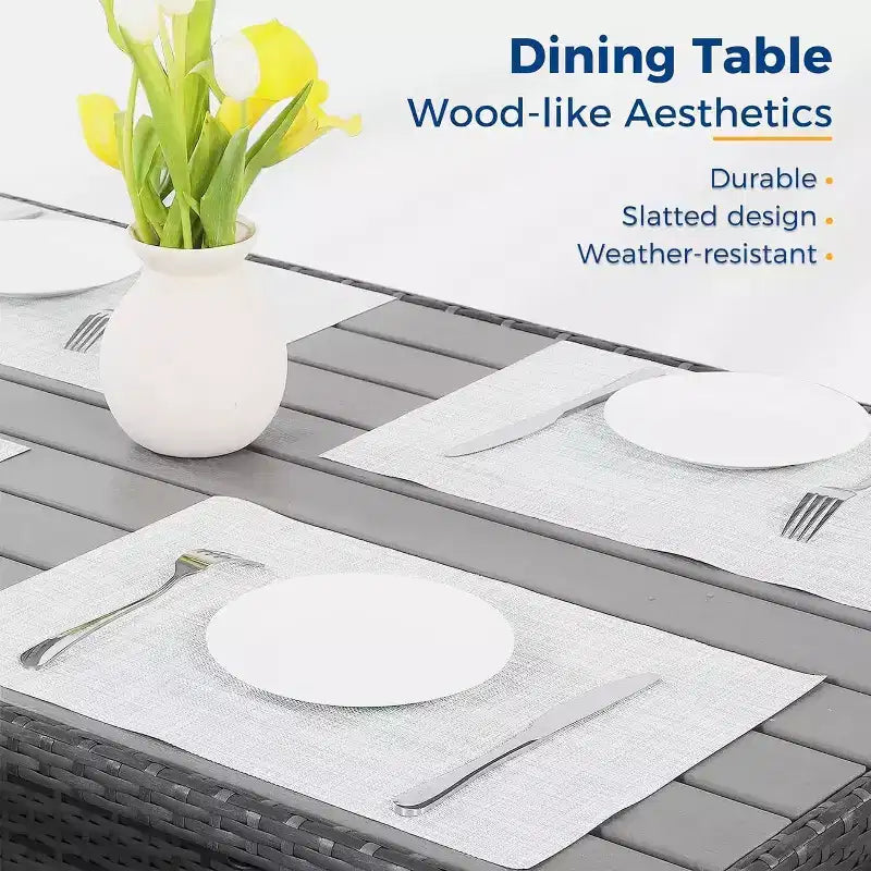 Conjunto de muebles de patio de 7 piezas Heynemo con mesa de comedor y silla, conjunto de conversación de mimbre resistente a todo tipo de clima con otomana, muebles de exterior con respaldo alto curvado