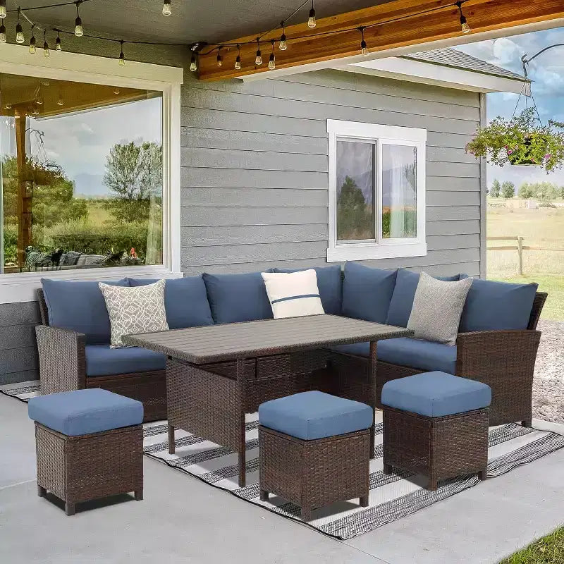 Conjunto de muebles de patio de 7 piezas Heynemo con mesa de comedor y silla, conjunto de conversación de mimbre resistente a todo tipo de clima con otomana, muebles de exterior con respaldo alto curvado