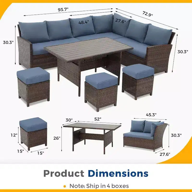 Conjunto de muebles de patio de 7 piezas Heynemo con mesa de comedor y silla, conjunto de conversación de mimbre resistente a todo tipo de clima con otomana, muebles de exterior con respaldo alto curvado
