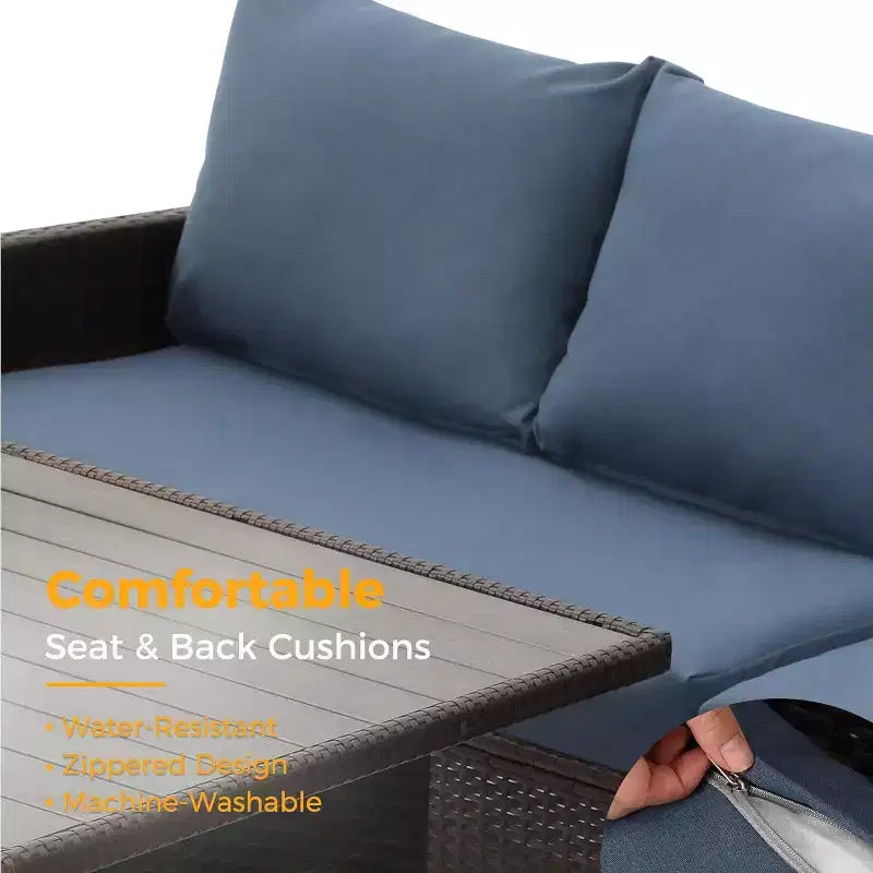 Conjunto de muebles de patio de 7 piezas Heynemo con mesa de comedor y silla, conjunto de conversación de mimbre resistente a todo tipo de clima con otomana, muebles de exterior con respaldo alto curvado