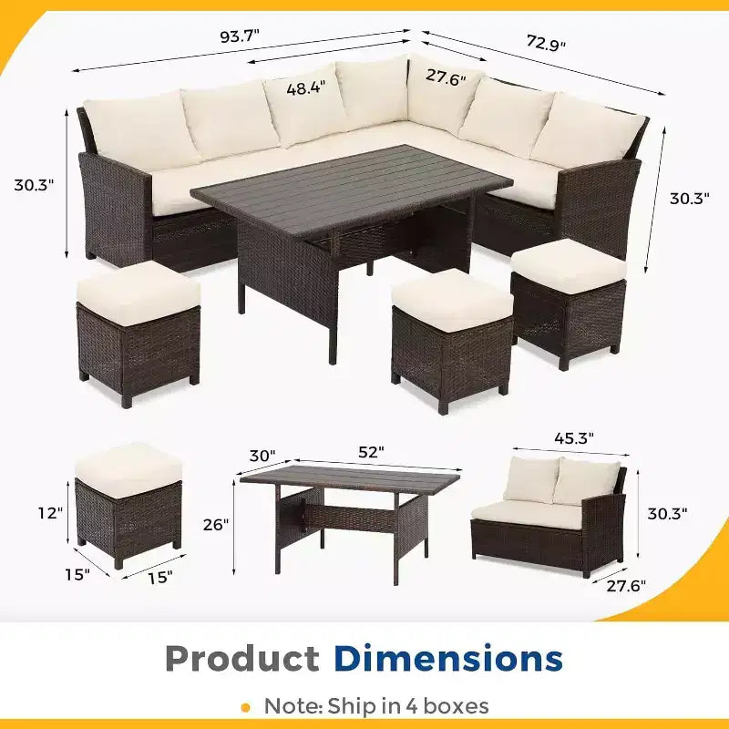 Conjunto de muebles de patio de 7 piezas Heynemo con mesa de comedor y silla, conjunto de conversación de mimbre resistente a todo tipo de clima con otomana, muebles de exterior con respaldo alto curvado