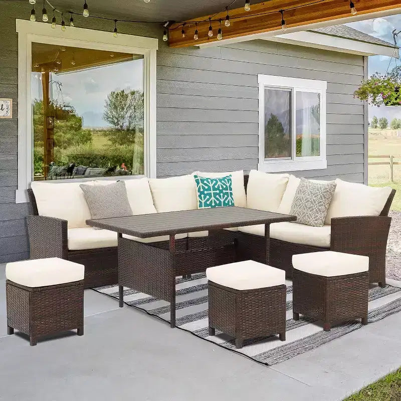 Conjunto de muebles de patio de 7 piezas Heynemo con mesa de comedor y silla, conjunto de conversación de mimbre resistente a todo tipo de clima con otomana, muebles de exterior con respaldo alto curvado