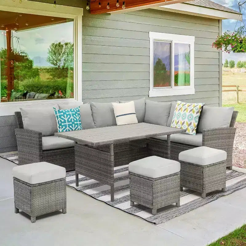 Conjunto de muebles de patio de 7 piezas Heynemo con mesa de comedor y silla, conjunto de conversación de mimbre resistente a todo tipo de clima con otomana, muebles de exterior con respaldo alto curvado