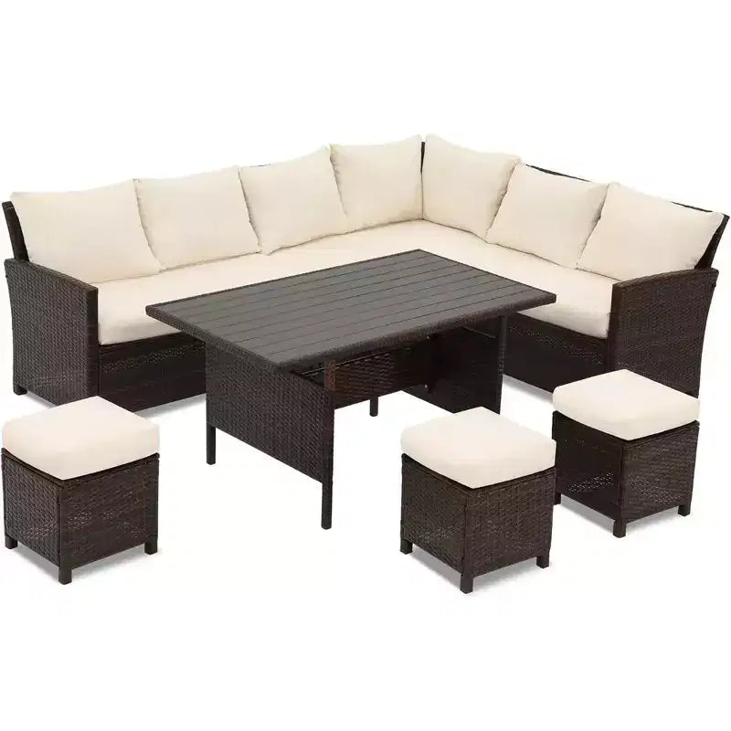Heynemo, ensemble de conversation d’extérieur 7 pièces, canapé modulable en résine tressée tout temps avec table à manger, chaise et pouf, cadre en acier