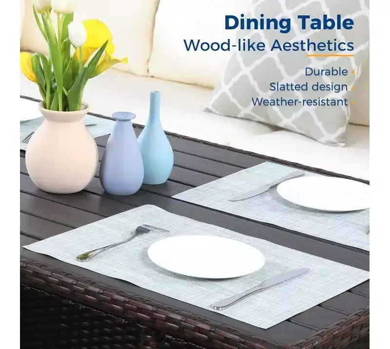 Heynemo, ensemble de conversation d’extérieur 7 pièces, canapé modulable en résine tressée tout temps avec table à manger, chaise et pouf, cadre en acier